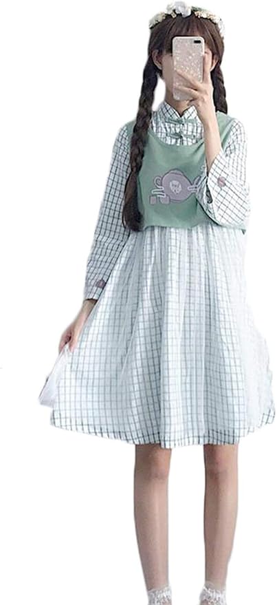 ンーセンー 甘い かわいい ワンピース 日系 切り替え チュールスカート レイヤードフェイク チェック柄 チュニック 長袖 ロリータワンピース お嬢様 森ガール グリーンf ワンピース チュニック 通販 Amazon