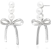 Sonateomber Gold Silver Pearl Bow Stud Earrings for Women, Dainty Cute Sparkly Cubic Zirconia Rhinestone Tassel Ribbon Bowknot Earings Prom Wedding Accessories Fashion Jewelry Gift