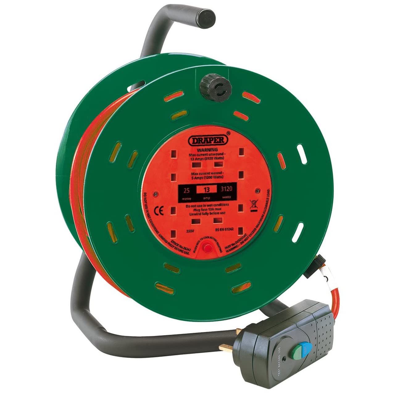 Draper 26341 Four Socket Garden Cable Reel with RCD Adaptor, 25m, 230V