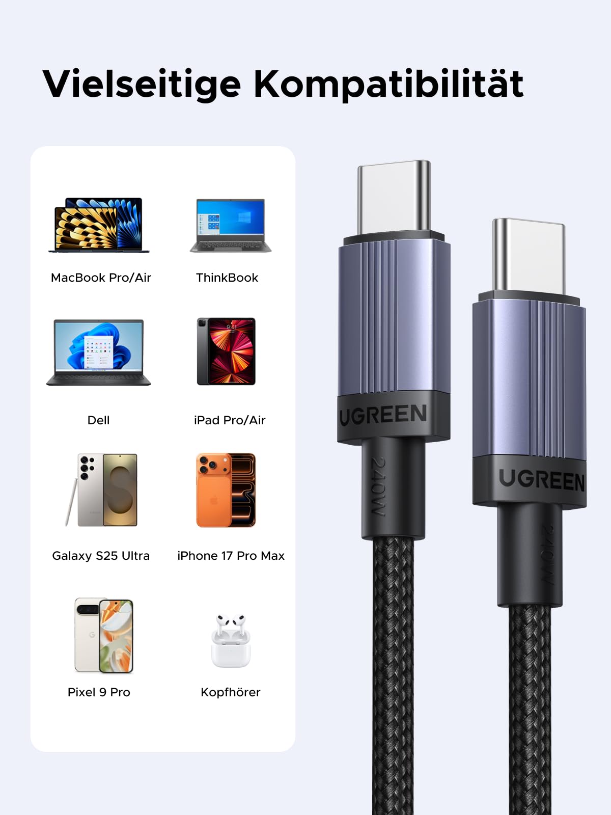 UGREEN USB C Kabel 240W Ladekabel USB-C PD 3.1 Schnellladekabel PPS USB C auf USB C Kabel für iPhone 17/Air/16/15 Serie, MacBook Pro/Air, iPad Pro, Galaxy S25, Pixel, XPS, Steam Deck usw（2M 2 Stück 4