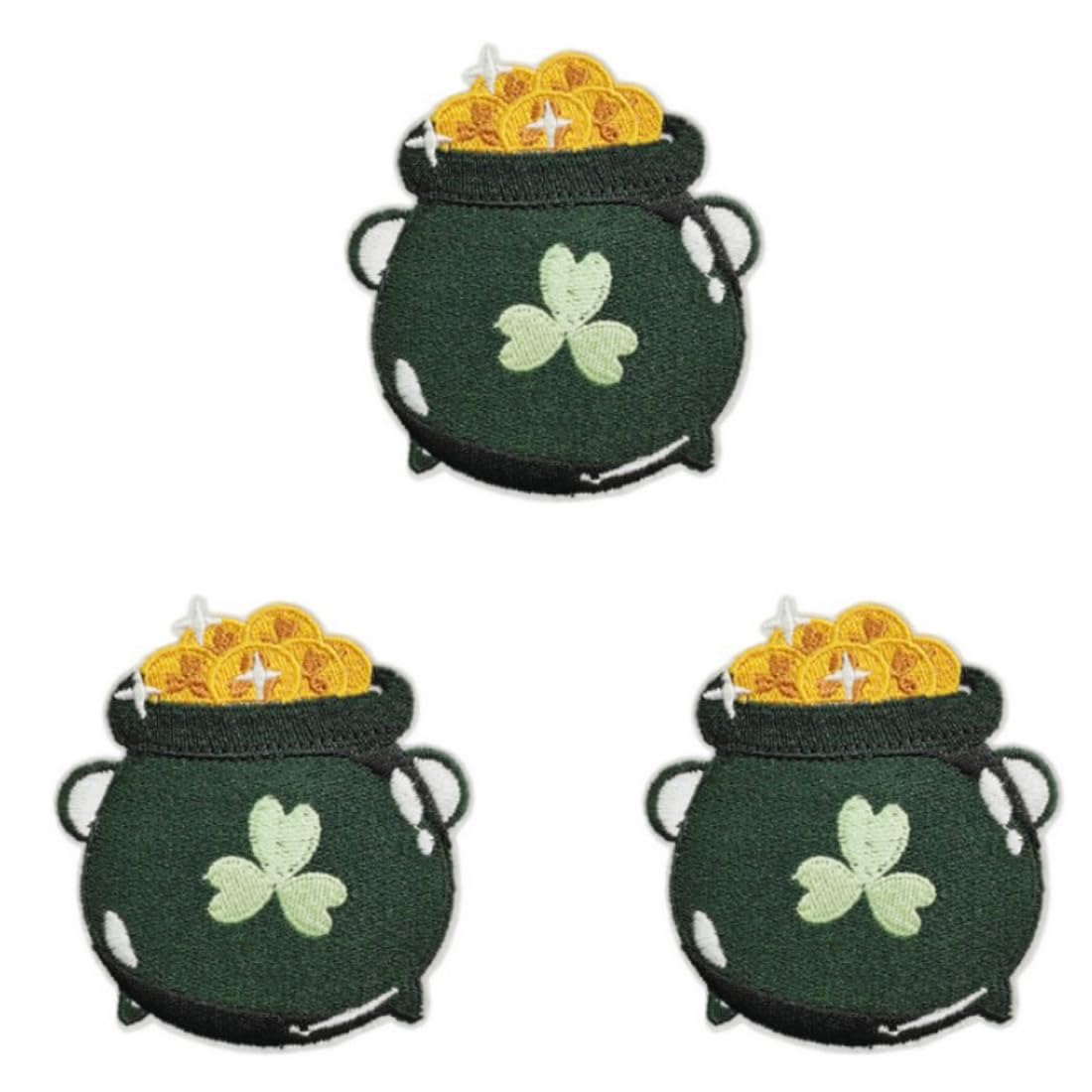 XUNHUI Green Pot of Gold Patch Embroidered Shamrock Patch Applique Clothes Badge DIY Apparel Accessories 3pcs