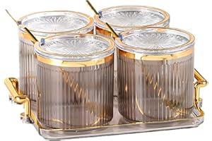 NAN WIND Acrylic Condiment Spice Jars,Condiment Spice Box With Lids and Spoons and Tray,Clear Plastic Condiment Canisters,Seasoning Box 4 Pack,Seasoning Box Set for Kitchen to Storage Salt,Paprika,Sugar