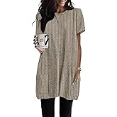 Naggoo Summer Womens Tunic Tops for Leggings with Pockets Loose Fit Short Sleeve Casual Long T Shirts