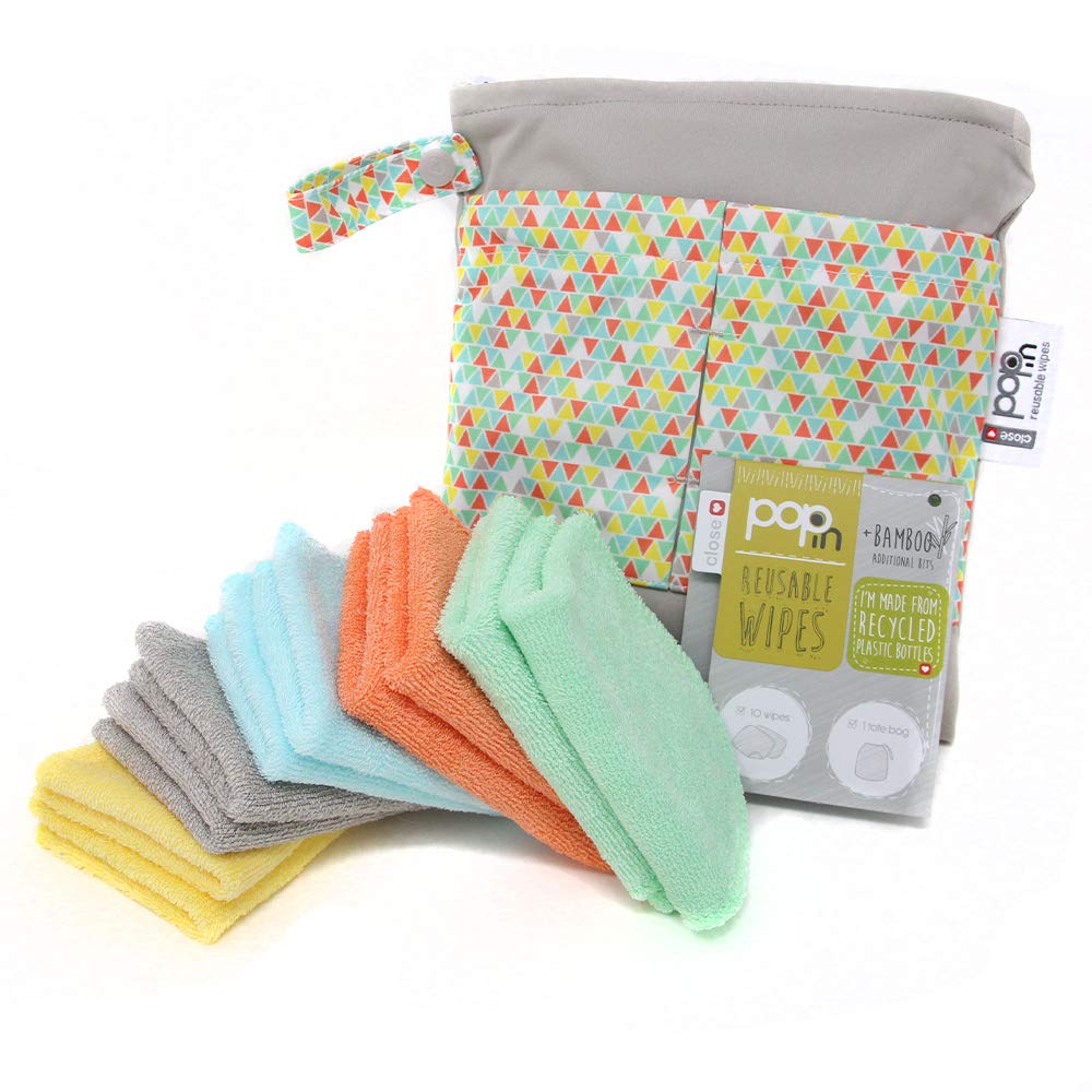 Close Pop-in Reusable Bamboo Wipes - 10 x Washable Baby Wipes 20x15cm Pastel Colours Extra Soft & Reusable for Baby's Hands & Face
