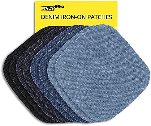 Zefffka Denim Iron On Jean Patches No-Sew Shades Of Blue Black 8 Pieces Assorted Cotton Jeans Repair Kit 4-1/4" by 3-3/4"
