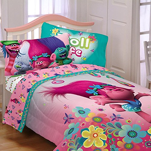 Dreamworks Trolls Reversible Twin Comforter & Sheets (4 Piece Bed In A Bag) + Glitter Sticker sheet