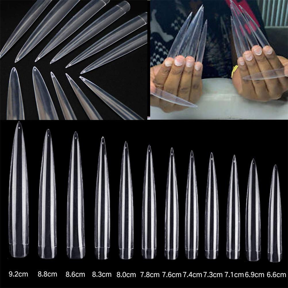 AORAEM Stiletto False Nail Clear Extra Long Sharp Nail Art Tips 12 Sizes 120 Pcs Acrylic Fake Nail (Clear Long Nail): Beauty
