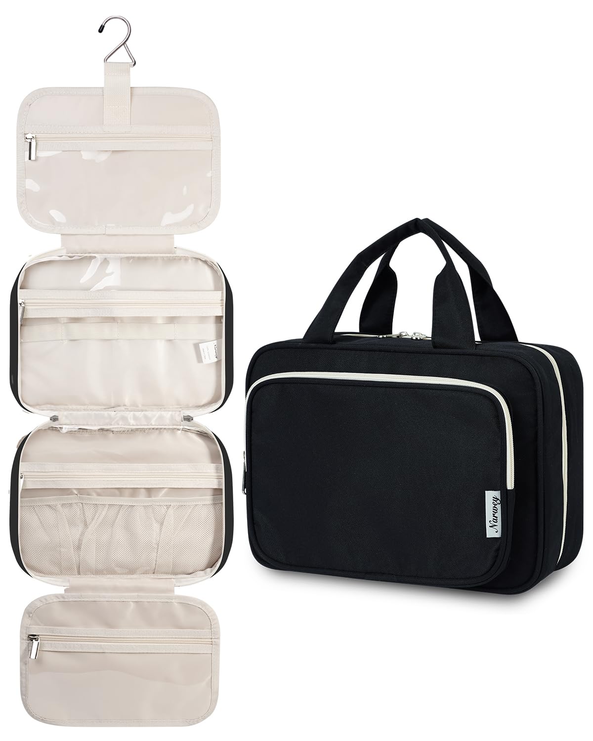 Narwey Hanging Travel Toiletry Bag for Women Wash Bag Cosmetics Makeup Bag Organizer for Travel Size Accessories (Black (Medium))