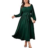 SCOMCHIC Women Plus Size Maxi Dress Long Sleeve Square Neck Wedding Guest Cocktail Belted Elegant Flowy A Line Long Dresses
