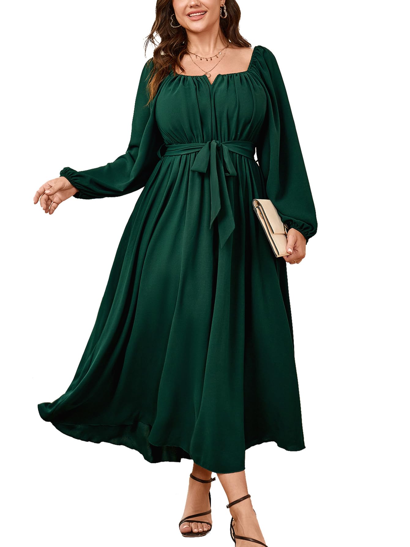 Photo 1 of SCOMCHIC Women Plus Size Maxi Dress Long Sleeve Square Neck Wedding Guest Cocktail Belted Elegant Flowy A Line Long Dresses Emerald Green 2XL