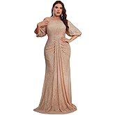 Women's Plus Size Off Shoulder Puff Sleeve Sequin Formal Maxi Dress Evening Party Gowns