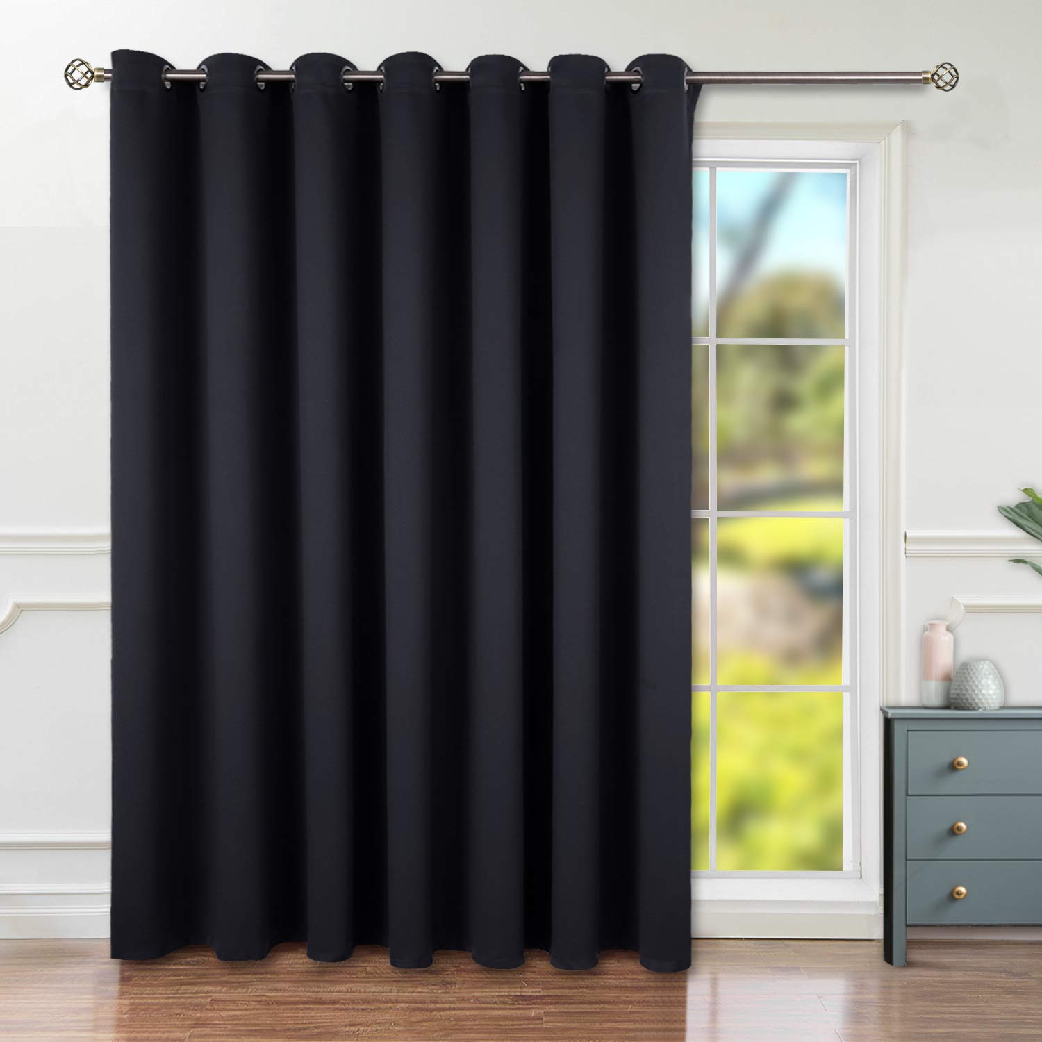 BGment Black Sliding Door Curtain 108 Inch Long - Wide Blackout Room Darkening Room Divider Curtain for Bedroom Privacy Themral Insulated Grommet Separator Drape, 1 Panel, 100 X 108 Image