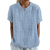 Akivide Women's Summer Cute Cotton Linen Boho Graphic Lapel Shirts Plus Size Lightweight Short Sleeve Dressy Casual Blouses