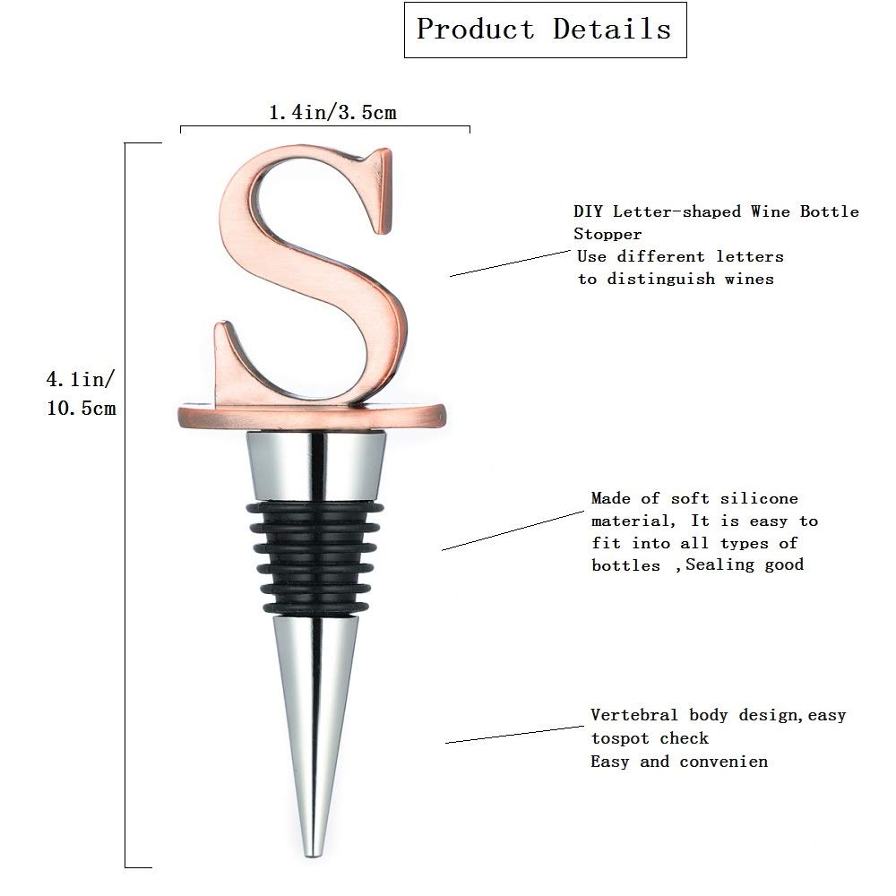 Wine Stoppers,Reusable Wine Preserver,Zinc Alloy and Food Grade Silicone Material,New DIY Letter-shaped Wine Bottle Stopper Funny Gift (Letters S)