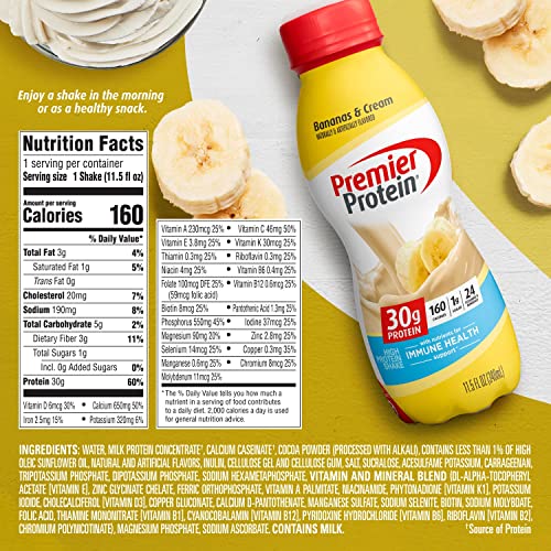 PREMIER PROTEIN 30G PROTEIN SHAKE, BANANAS & CREAM, 30G PROTEIN, 1G SUGAR, 24 VITAMINS & MINERALS, NUTRIENTS TO SUPPORT IMMUNE HEALTH,11.5 FL OZ