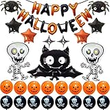 Cute Cartoon Bat Halloween Party Supplies, Halloween Decoration Set With Bat & Skeleton Balloons and Five & Four-Pointed Star Foil Balloons Pumpkin And Pirate Latex Balloons, Full Party Set 41PCS For Halloween Party