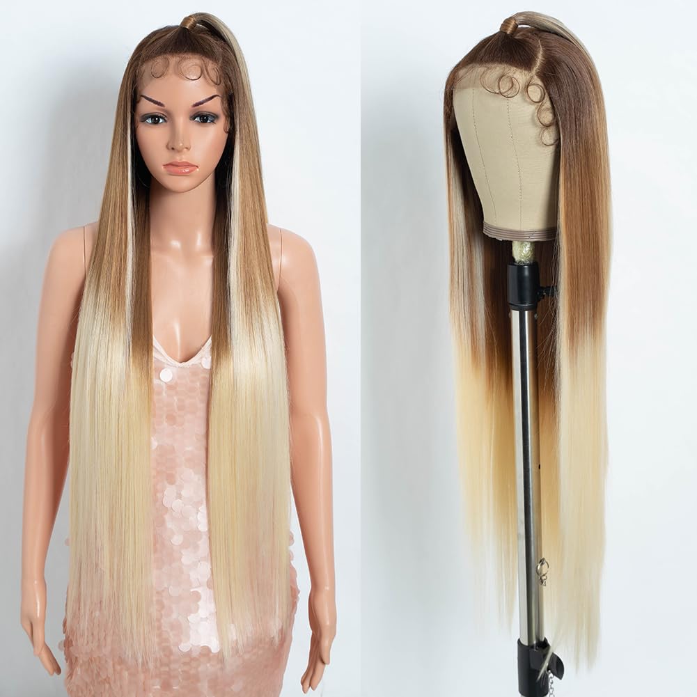 Style Icon Super Long Straight 13x4 Lace Front Wig 38 inch Updo Style Brown to Blonde Synthetic Free Part Wig Pre Plucked with Baby Hair