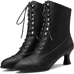 Victorian Boots for Women 70s Vintage Lace Up Mid Calf Boots Witch Granny Cosplay Mid Heel Booties Comfortable Chunky Block H