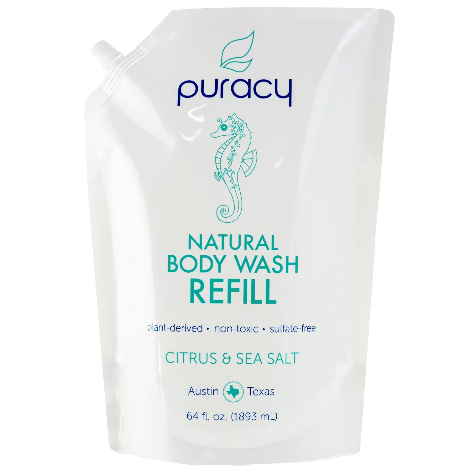 Puracy Natural Body Wash Refill, Sulfate-Free Shower Gel Daily Cleanser, Citrus & Sea Salt, 64 Ounce