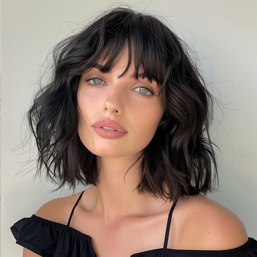 PORSMEER Short Pastel Wavy Black Bob Wig with Fringe Natural Looking Synthetic Hair Wigs for Women Girls Halloween Costume Party Or Daily Wear — image 1
