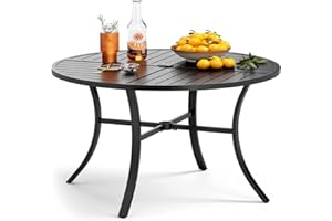 PHI VILLA Outdoor Round Dining Table for 4, 42" Large Metal Wrought Iron Table with Umbrella Hole, All Weather Dining Furnitu