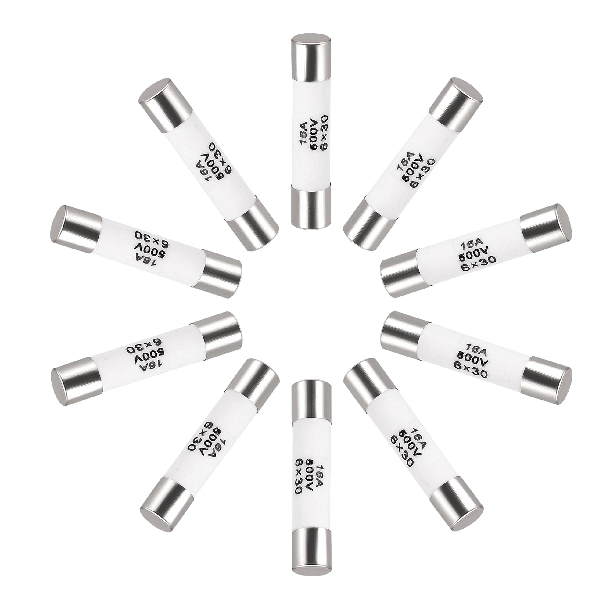 sourcing map Ceramic Cartridge Fuses 16A 500V 6x30mm Ceramic Fuses Fast Blow Replacement for Amplifier Energy Saving Lamp Ballast 10pcs