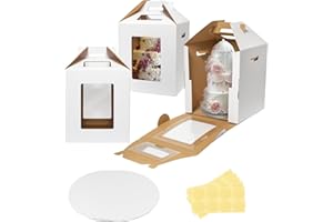 Wowxyz 3 Pack Tall Cake Boxes 14x14x16 Inches with Cake Board - Large Disposable Layer Baking Carrier Tier Bakery Take Out Transport Containers With Window for Wedding, Birthday, Party White