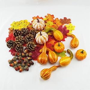 Thanksgiving Fall Simulation Pumpkins Maple Leaves Pine Cones Acorns 166pcs Set,Perfect for Halloween,Thanksgiving,Weddings,Seasonal Bowl Display Decoration