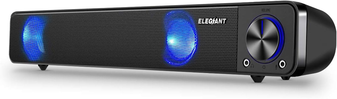Computer Speakers, ELEGIANT Wired Computer Sound Bar, Stereo USB Powered Mini Soundbar Speakers for PC Tablets Laptop Desktop Projector Cellphone, Black