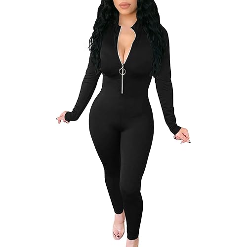 TOB Women's Casual Soft Long Sleeves Zip Up Bodycon Jumpsuits Playsuits