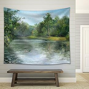 Summer Landscape with Trees and Bushes, Oil Painting - Fabric Wall Tapestry Home Decor - 51x60 inches
