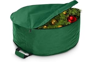 LAFBO Large 26" Christmas Wreath Storage Bag - Zippered, Heavy-Duty, Water-Resistant, Commercial Grade Material with Attached Handle, Store Garlands, Winter Coats, Ski Gear, and Holiday Decorations (Green)