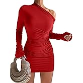 GOBLES Women's Sexy Off The Shoulder Slope Neck Long Sleeve Ruched Bodycon Mini Club Dress