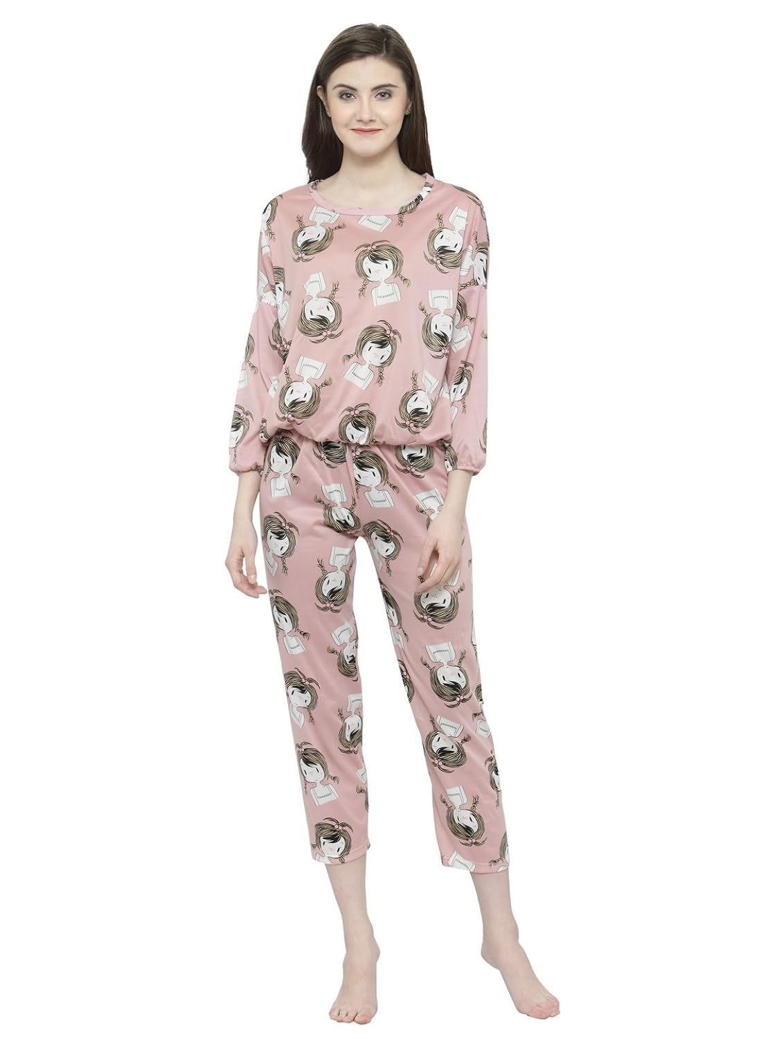 n-gal women peach printed nightwear pajama loungewear set - nayn52-peach