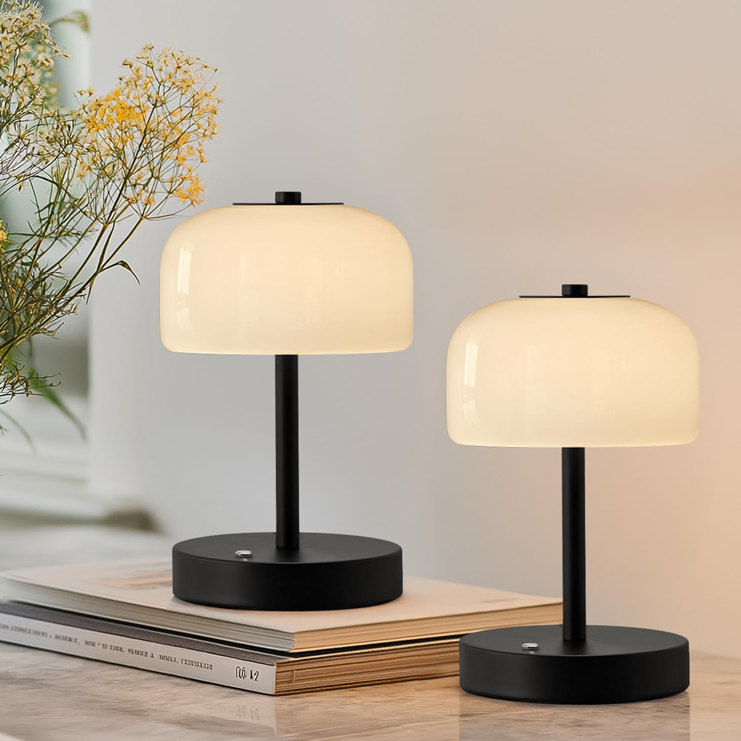 Photo 1 of Oneach 2 Pack Cordless Table Lamps, 9" Portable Rechargeable Battery Powered Desk Lamp, Opal Glass Shade, 3 Level Brightness Dimmable, Mushroom Table Lamps for Bedroom, Living Room, Outdoor, Black