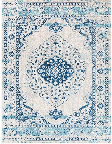 Tiwari Home 7'10" x 10'3" White and Aqua Blue Floral Medallion Rectangular Machine Woven Area Rug