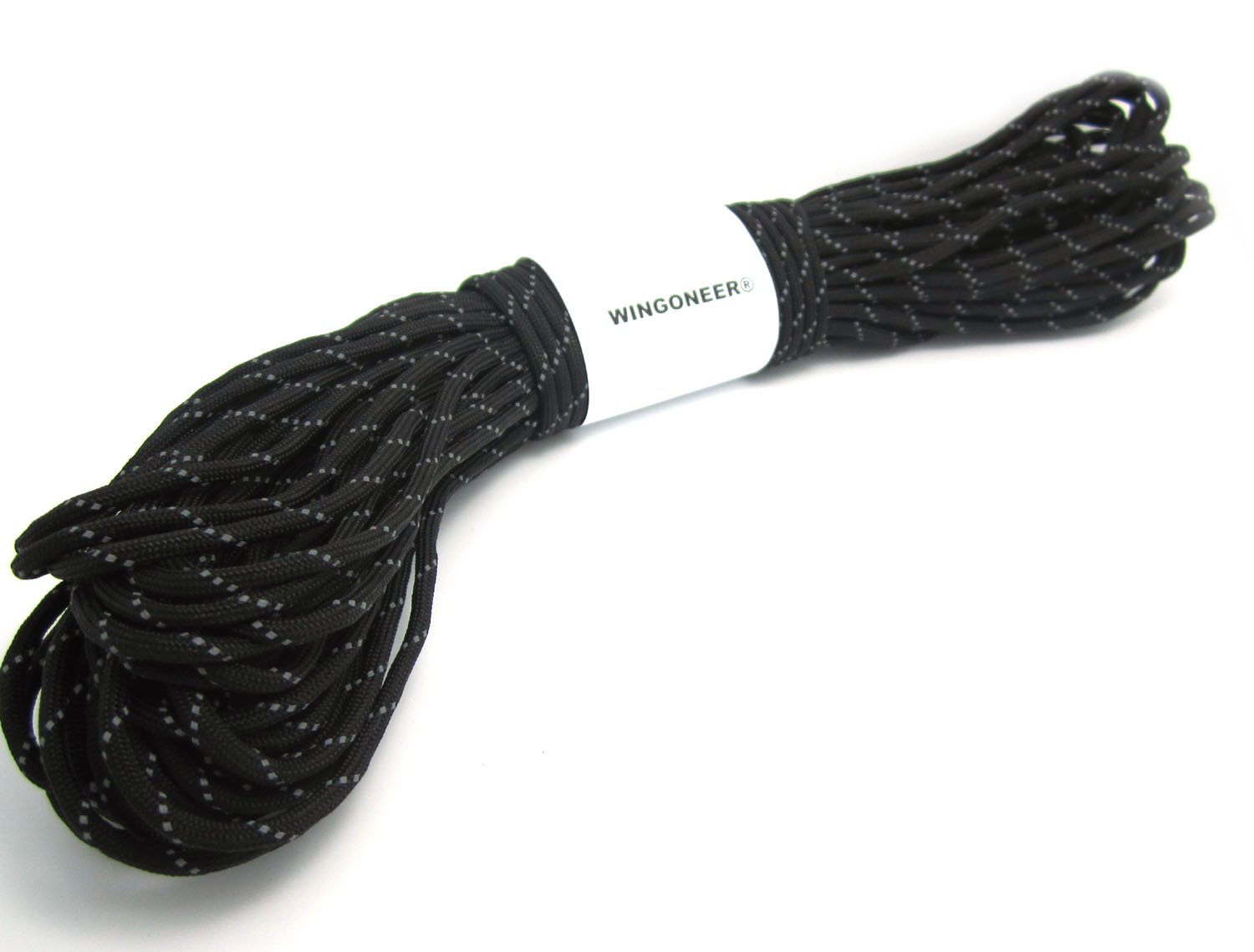 WINGONEER Reflective Parachute Rope 100 FT 7 Core 550 Paracord Nylon Strand Paracord Camping 30 Meter (Black)