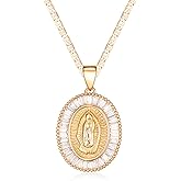 Barzel 18K Gold Plated Flat Mariner/Marina 060 3MM Chain Necklace With Cubic Zirconia Virgin Mary Guadalupe Charm Pendant