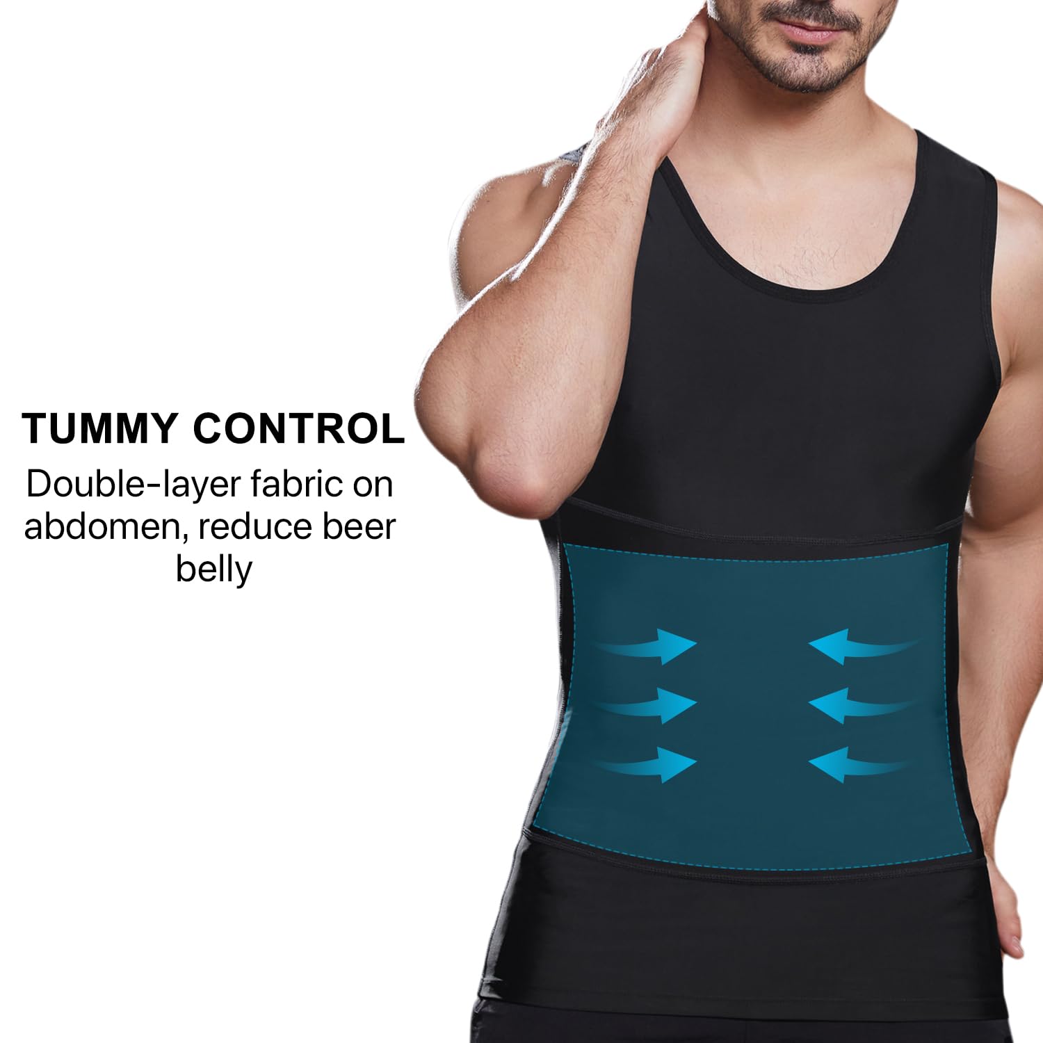 Mens Slimming Compression Shirt, Body Shaper Workout Tank Top, Gynecomastia Tummy Control Undershirts - Change in Seconds