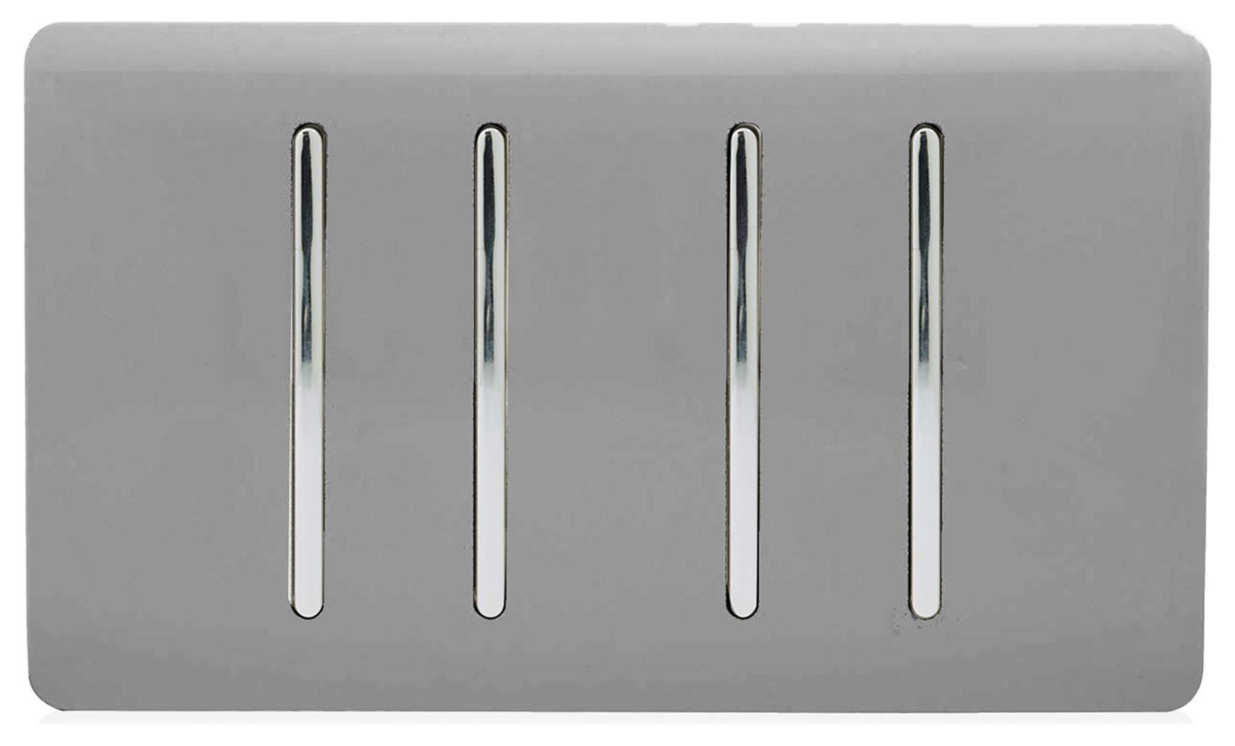 Trendi 4 Gang 2 way 240V Screwless Raised Front Twin Plate Plastic Artistic Modern Glossy 10 Amp Chrome Rocker Quad Electrical Wall Light Switch Light Grey - ART-SS44LG