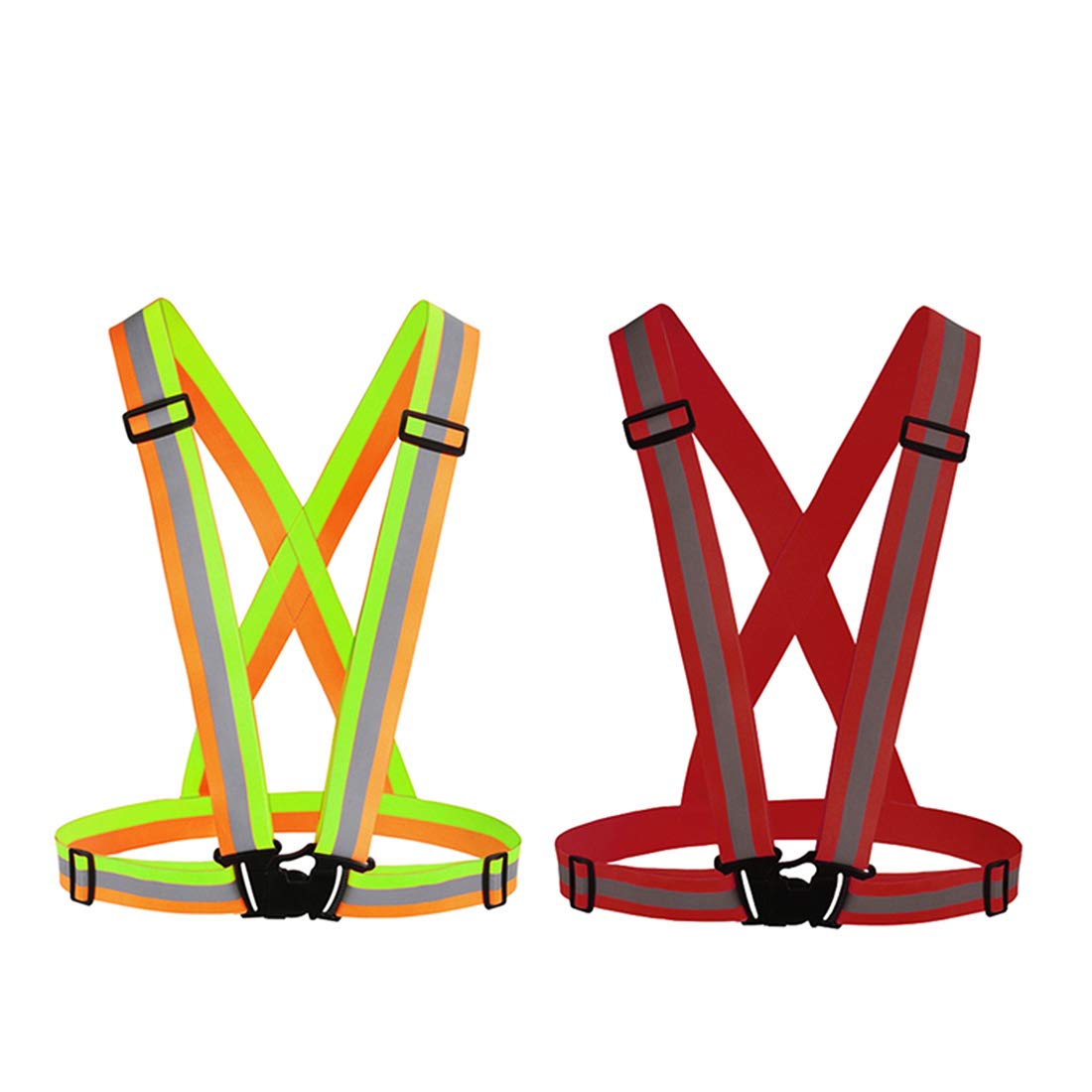2PCS Reflective Vest, Fully Adjustable & Multi-purpose: Running, Cycling, Motorcycle Safety, Dog Walking - High Visibility(Red,Green orange)