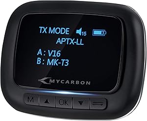 MYCARBON Bluetooth 5.1 Transmitter and Receiver, Wireless Aux Bluetooth Adapter with OLED Screen, Low Latency Bluetooth Audio Adapter, Dual Device Connection, for Headphones, Car, Home Stereo