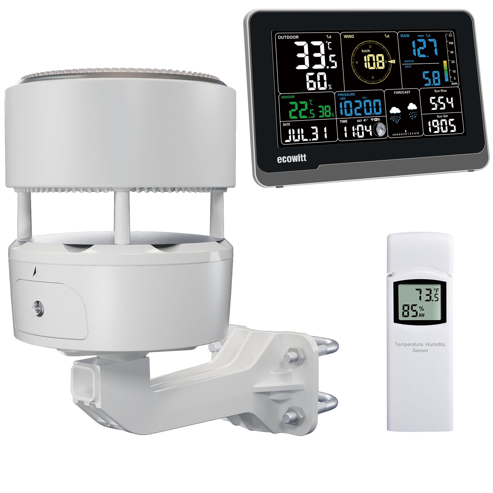 ECOWITT Wireless Weather Stations WS3902 with 7.5 inch Home LCD Display, Garden Weather Sensor WS85 (Solar Panel/Rain Gauge/Wind Speed/Direction Sensors) + a Outdoor Temperature-Humidity Sensor WN32