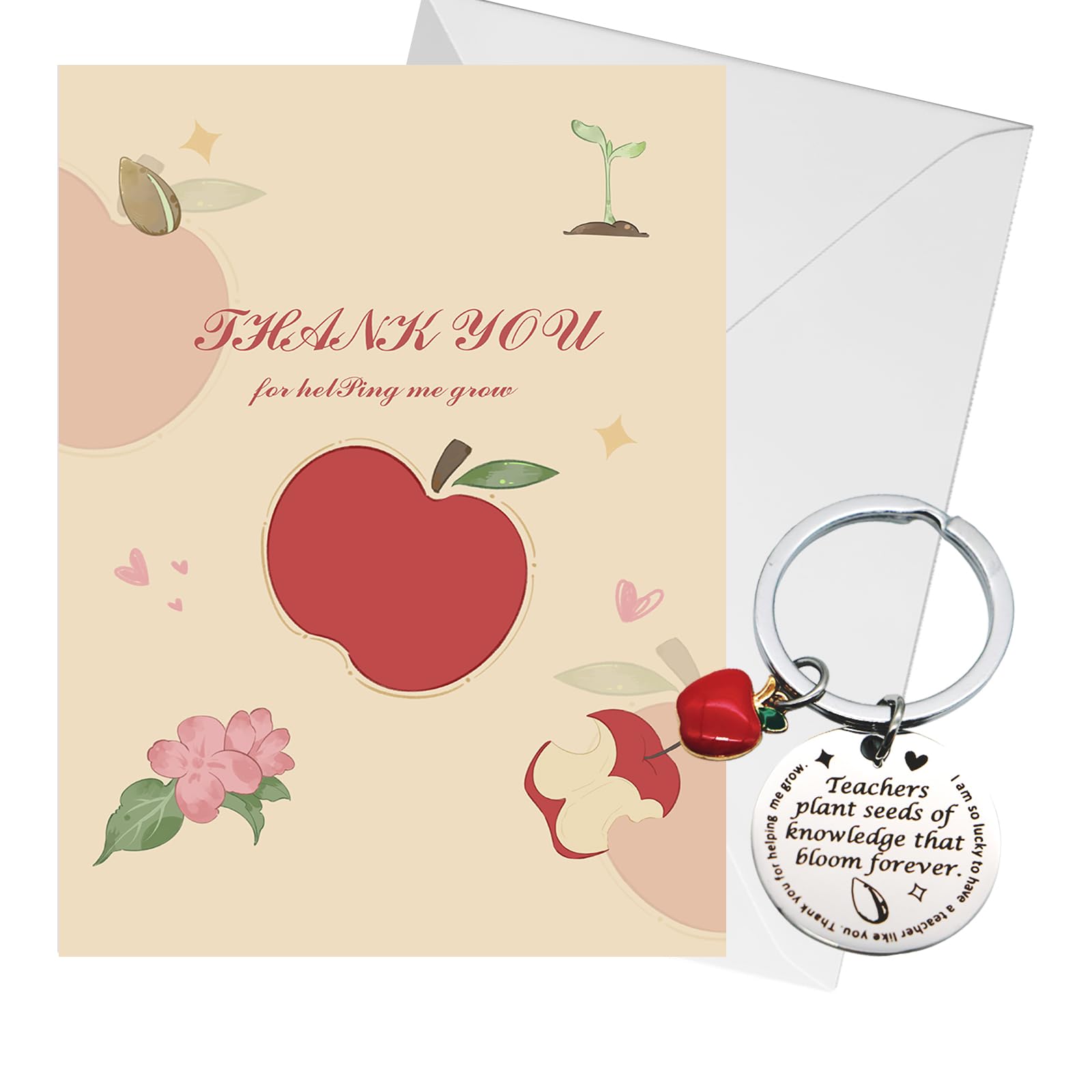 Teacher Gift, Thank You Card and Teacher Keychain Set, Thank You for Helping Me Grow Appreciation Gift for Graduation, End of Term, Nursery, Assistant(Apple)