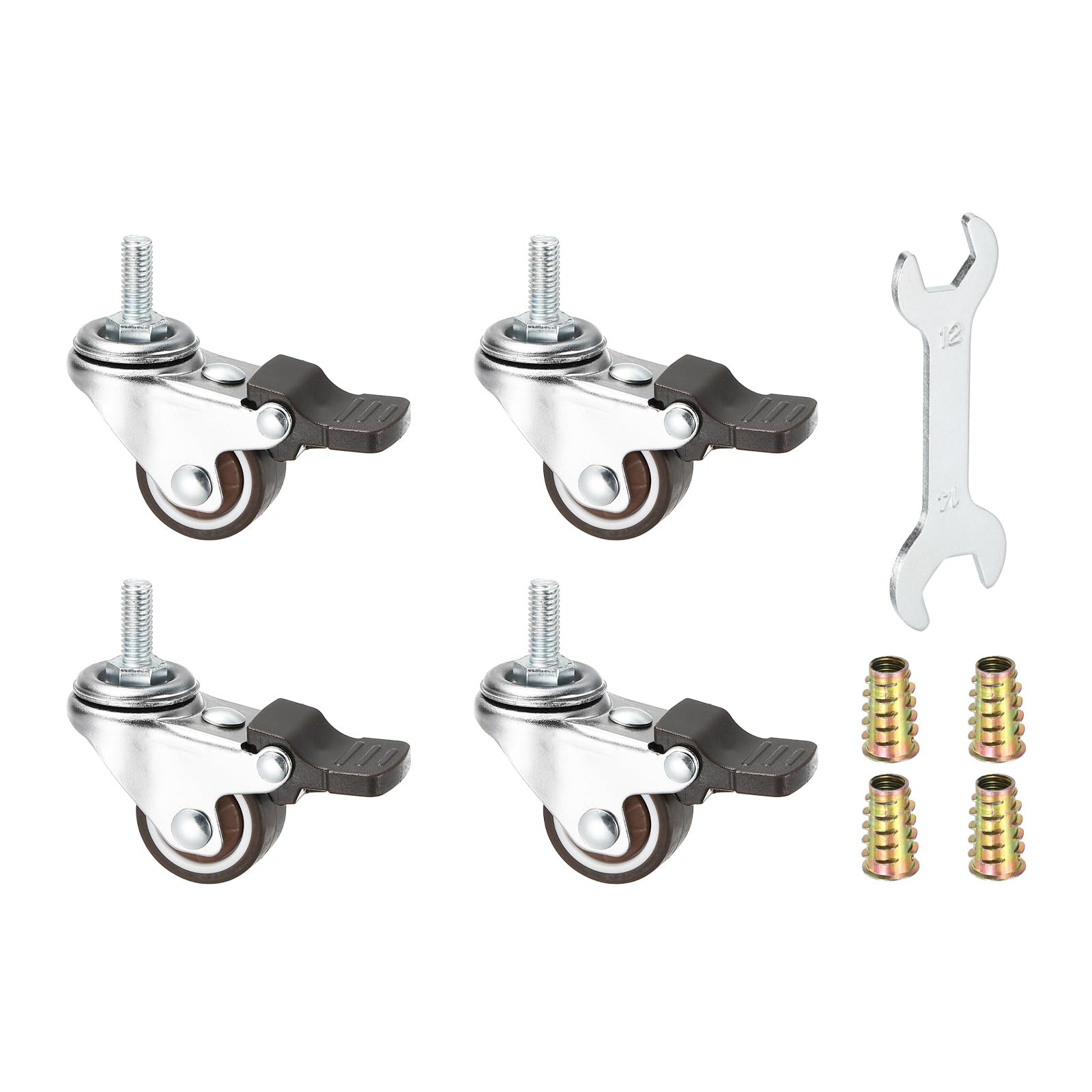 PATIKIL 1 Inch Mini Swivel Caster Wheels with Brake, 4Pcs M6x15mm Threaded Stem Casters Load Capacity 99 Lbs with Tool Set for Furniture Trolley Cart, Brown