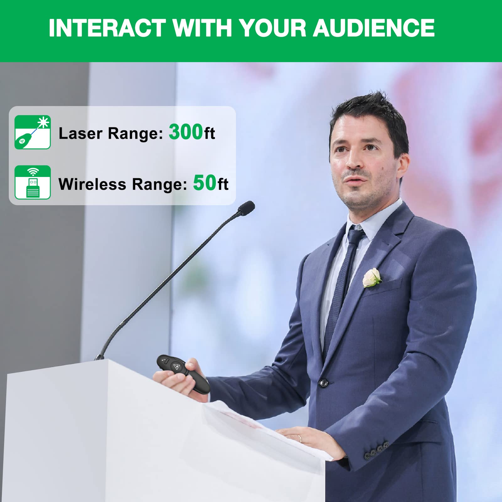 Rechargeable Presentation Clicker Wireless Presenter Remote USB Control Powerpoint PPT Clicker,Green Laser Pointer RF 2.4GHz Presenter Remote Google Slide Advancer for Computer/Laptop/Mac/Keynote