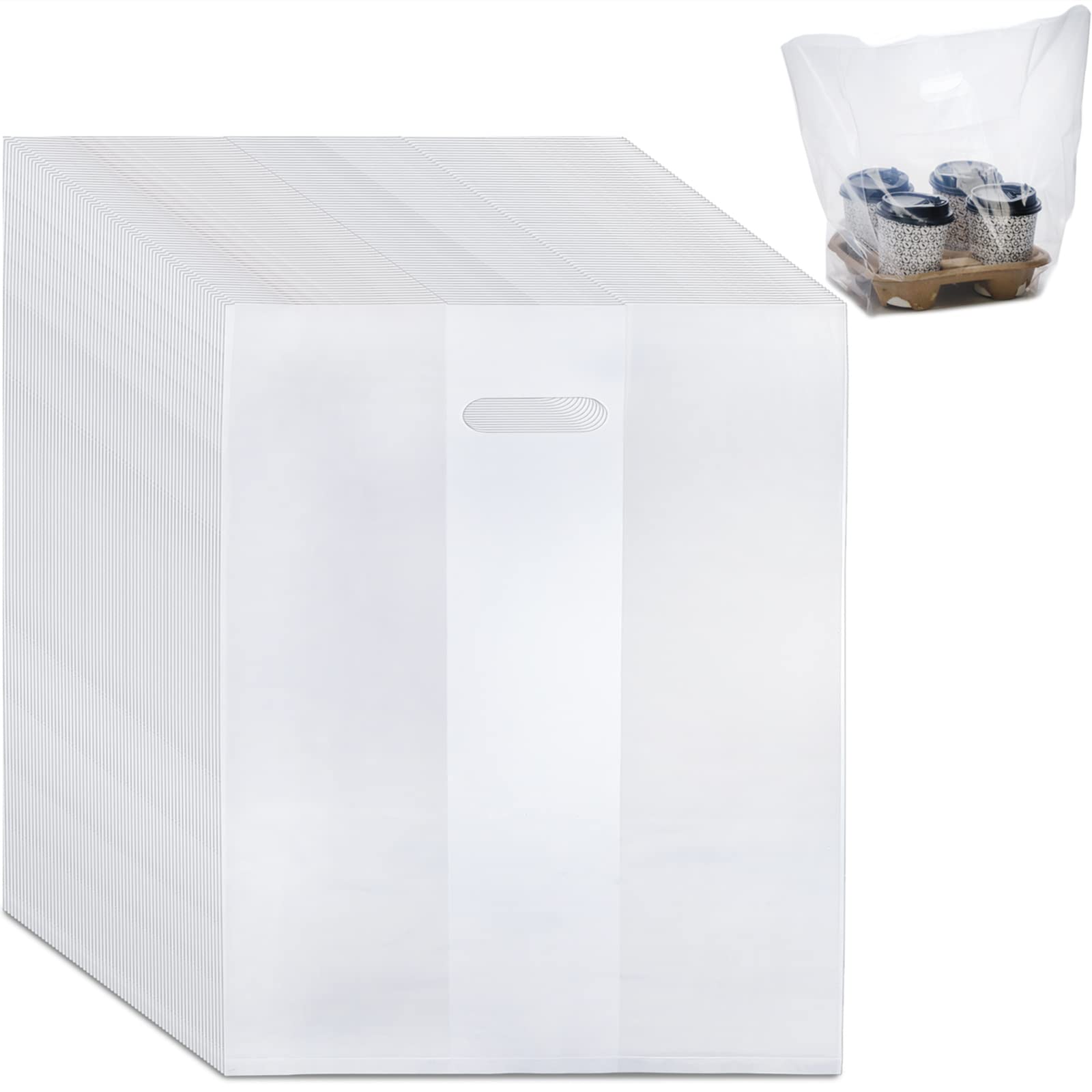 Photo 1 of DEAYOU 100 PCS Large Handle Drinking Poly Bag, Clear Cup Carrier for 4-Cup Coffee Tray, 9"L x 17"H Plastic Packaging Bag for Drink Holder, Delivery, Take Out Hanging Hole Food Storage Bag for Beverage