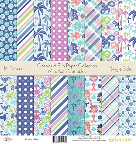 Oceans of Fun Printed Scrapbook Paper Set By Miss Kate Cuttables: Single - Sided 12"x12" Decorative Cardstock Collection Kit Tropical Hawaii Beach Vacation Theme-Pack Of 16