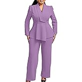 Women Suit Jacket 2 Piece Ruffle Blazer with Wide Leg Pants Suit Long Sleeve Business Casual Outfits