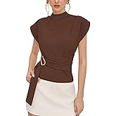 Yeokou Women Buckle Tie Top Stand Collar Belted Short Sleeve Elegant Summer Casual Blouse(Brown-L)